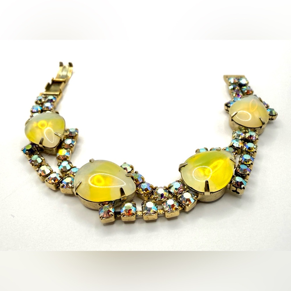 Vintage Yellow Teardrop Glass Rhinestone Bracelet Gold Tone AB Crystal 6.5”
